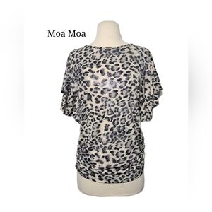 Moa Moa Women Tops Leopard Animal Print Stretch Large Blouse - Black and Cream